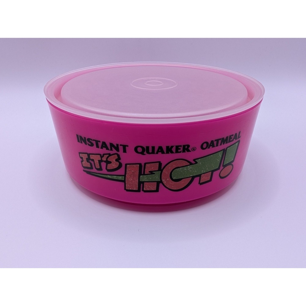 Vintage Instant Quaker Oatmeal It's HOT Pink Plastic Color Bowl 1992 With Lid - Picture 2 of 8